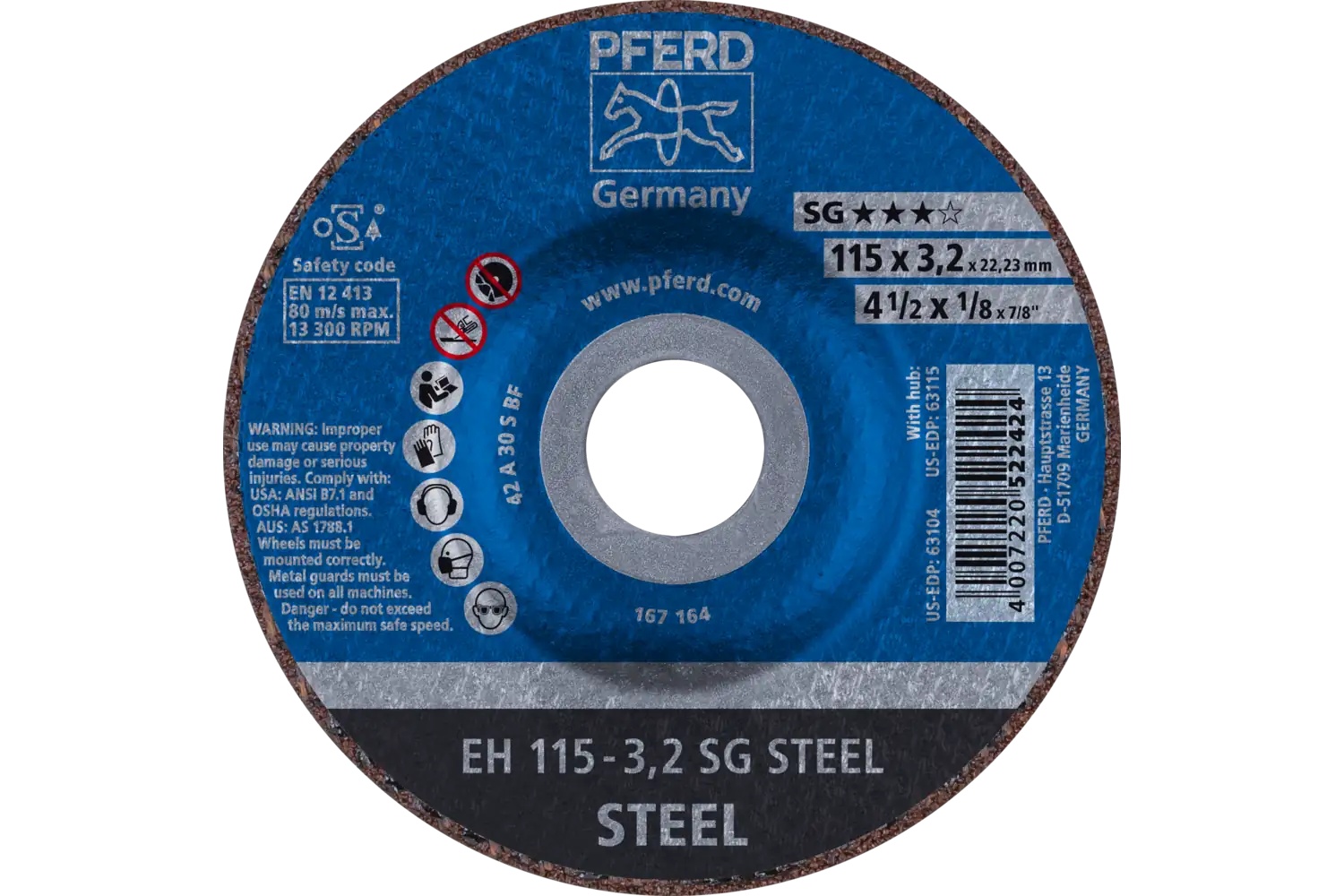 Picture of Pferd Cut-Off Wheel, 4-1/2" X 1/8 X 7/8, Sg Steel, T27, Aluminum Oxide